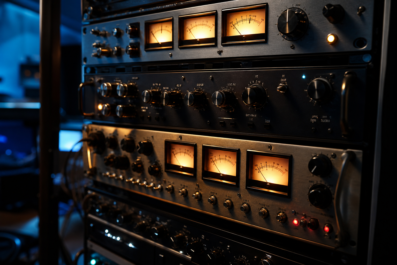 A rack of outboard gear with glowing VU meters